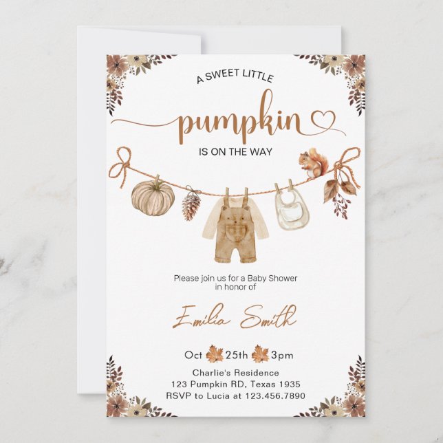Invitation Petit Citrouille Automne Floral Boy Baby shower (Devant)