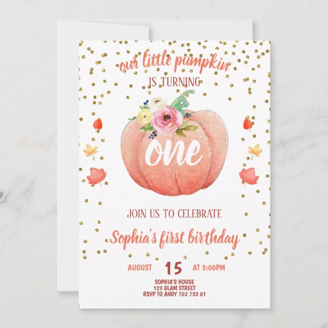 Invitation Petit Citrouille Automne Premier Anniversaire Fill (Devant)