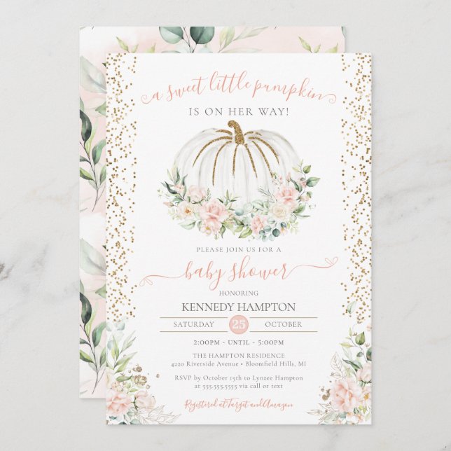 Invitation Petit Citrouille, Baby shower d'automne rose (Devant / Derrière)