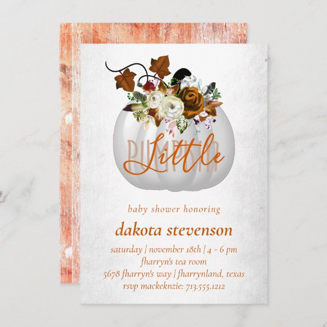 Invitation Petit Citrouille | Baby shower Floral Orange Brûlé (Devant / Derrière)
