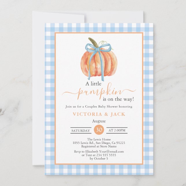 Invitation Petit Citrouille bleu En vichy Baby shower d'autom (Devant)