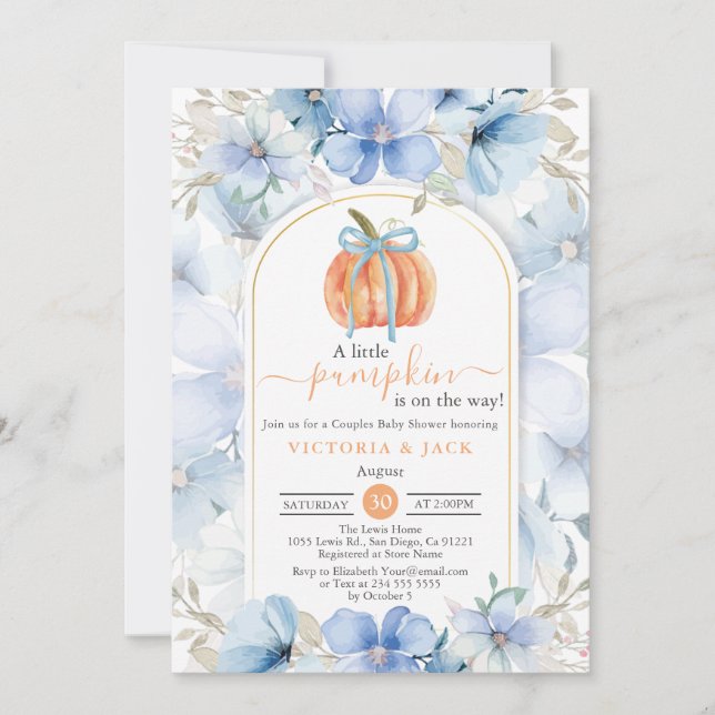 Invitation Petit Citrouille Blue Floral Garden Baby shower d' (Devant)