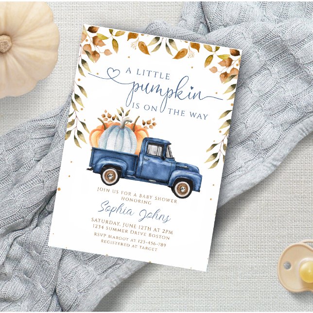 Invitation Petit Citrouille Blue Truck Automne Baby shower ga (Créateur téléchargé)