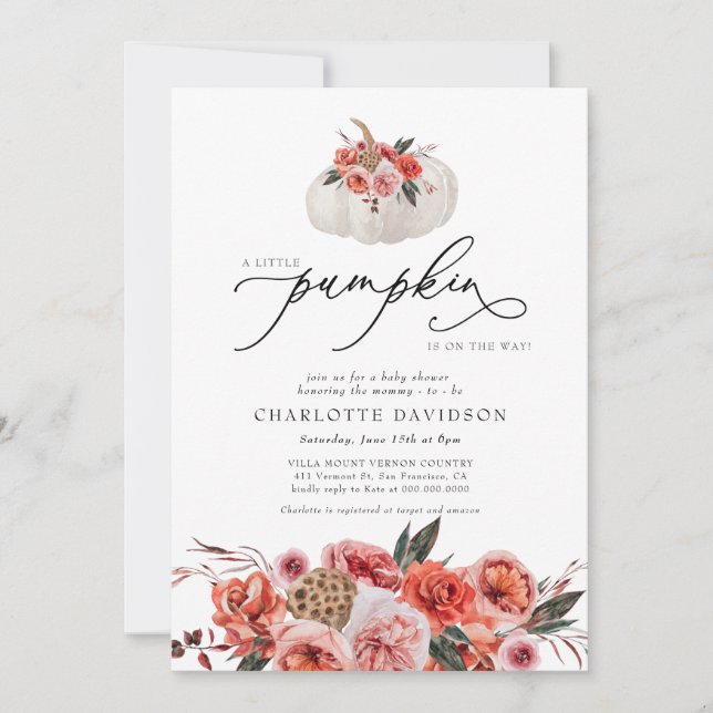 Invitation Petit Citrouille Blush Fall Floral Girl Baby showe (Devant)