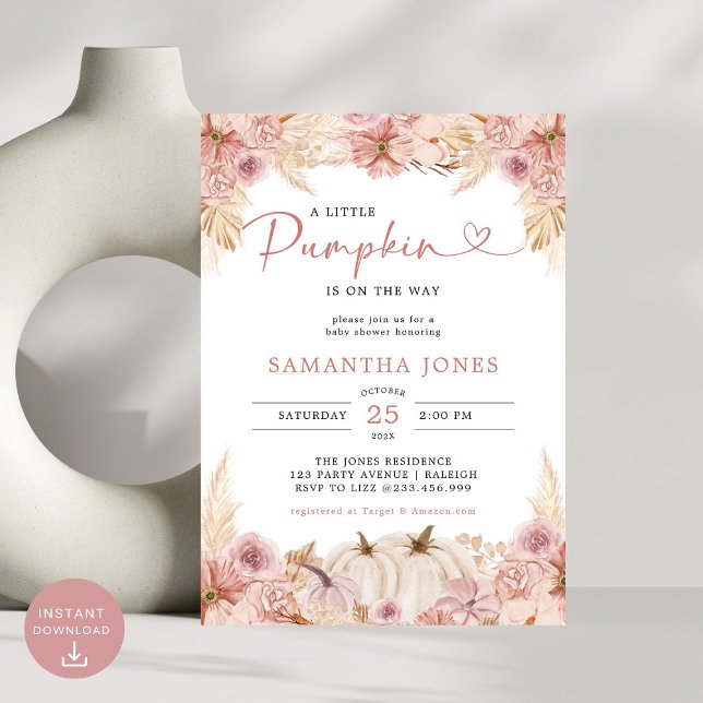 Invitation Petit Citrouille Boho Pampas Baby shower en herbe  (Créateur téléchargé)