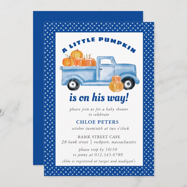 Invitation Petit Citrouille Boy Blue Truck Baby shower d'auto (Devant / Derrière)