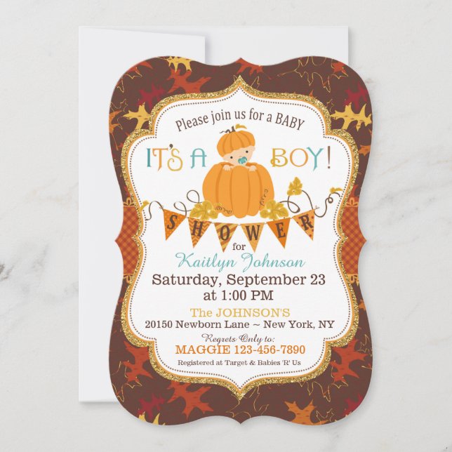 Invitation Petit Citrouille Boy Fall Feuilles Baby shower (Devant)