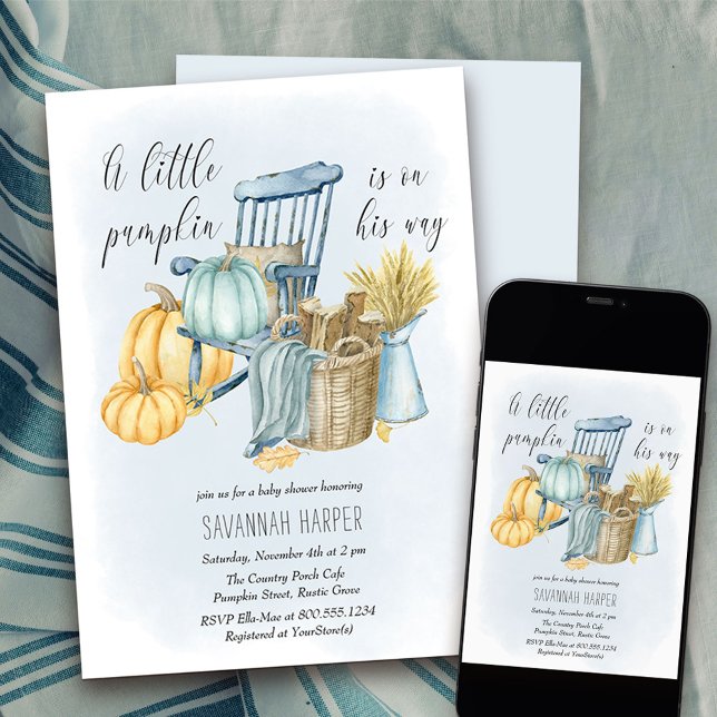 Invitation Petit Citrouille Country Porch Baby shower garçon (Boy Baby Shower Invitation from my Country Pumpkin collection - availabel printed or as a download)