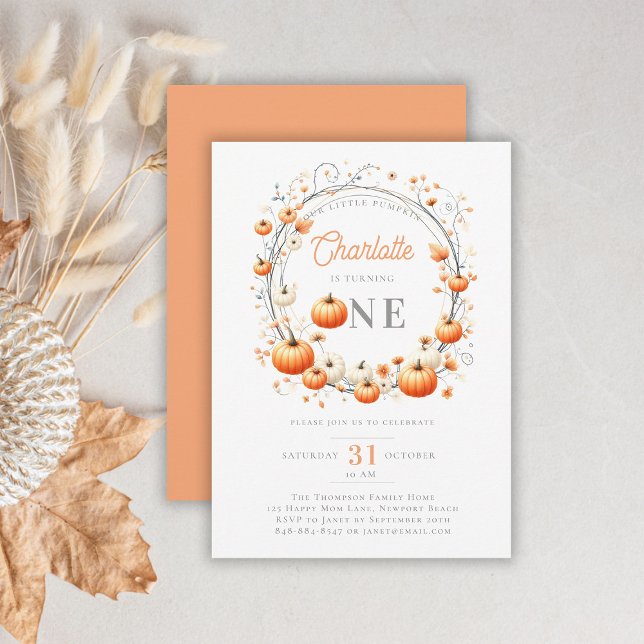 Invitation Petit Citrouille de couronne Frame Fille 1er anniv (pumpkin 1st birthday invitation girl botanical floral frame watercolor girly cute adorable feminine)