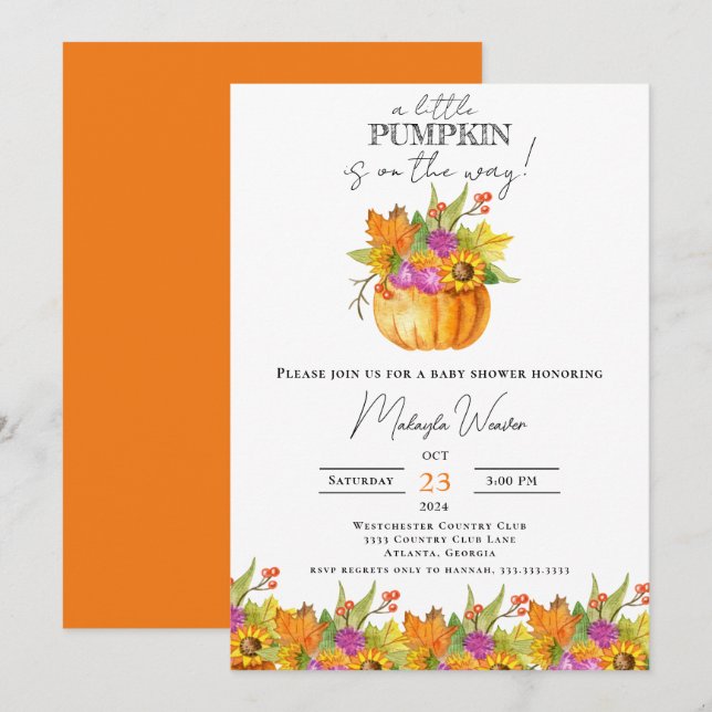 Invitation Petit Citrouille Editable feuilles d'automne Baby  (Devant / Derrière)