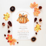 Invitation petit citrouille en baby shower d'automne<br><div class="desc">Orange Pêche Floral Citrouille Wreath Un petit citrouille est en route baby shower d'automne Invitation</div>