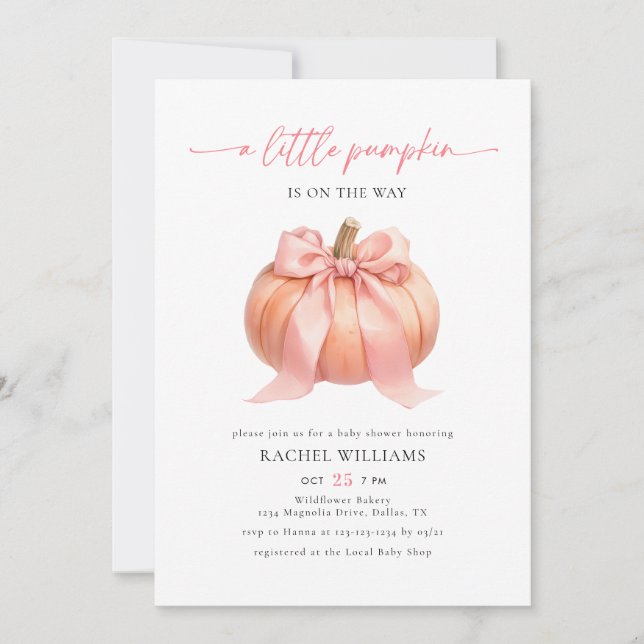 Invitation Petit Citrouille en Route Ruban Rose Baby Shower (Devant)
