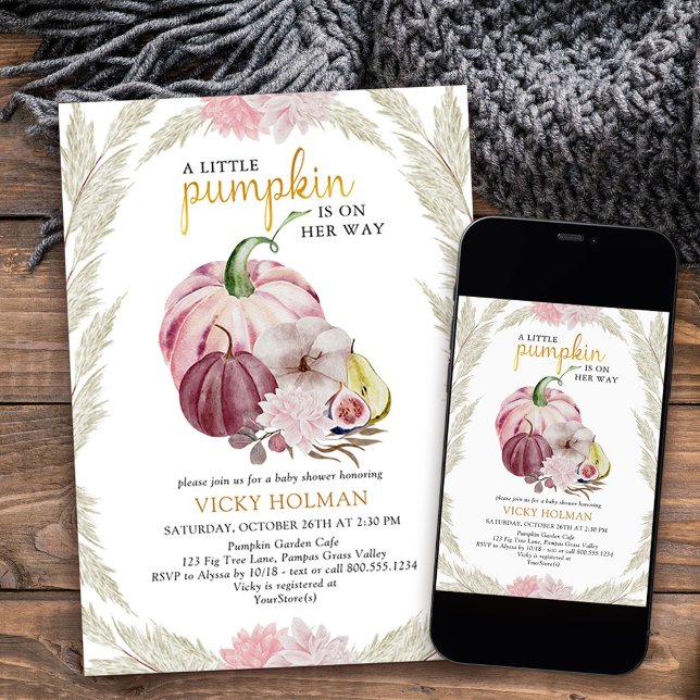 Invitation Petit Citrouille et Baby shower à herbe Pampas (Little Pumpkin Baby Shower invitation from my Little Pumpkin collection
)