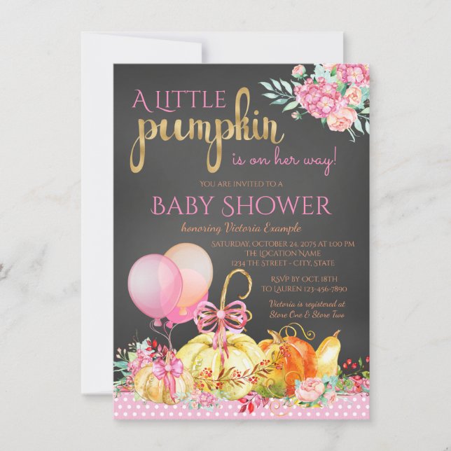 Invitation Petit Citrouille Filles Chalkboard Baby shower Aut (Devant)