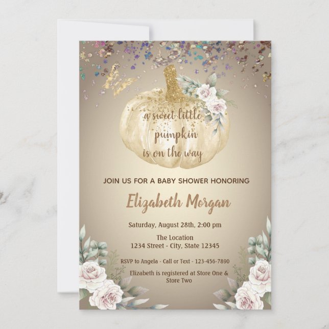 Invitation Petit Citrouille, Fleurs, Papillon Baby Shower (Devant)
