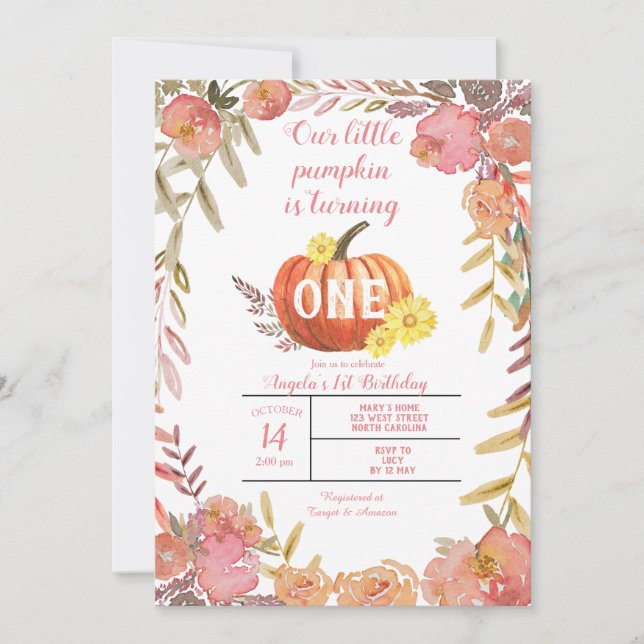 Invitation Petit Citrouille floral rustique automne premier a (Devant)