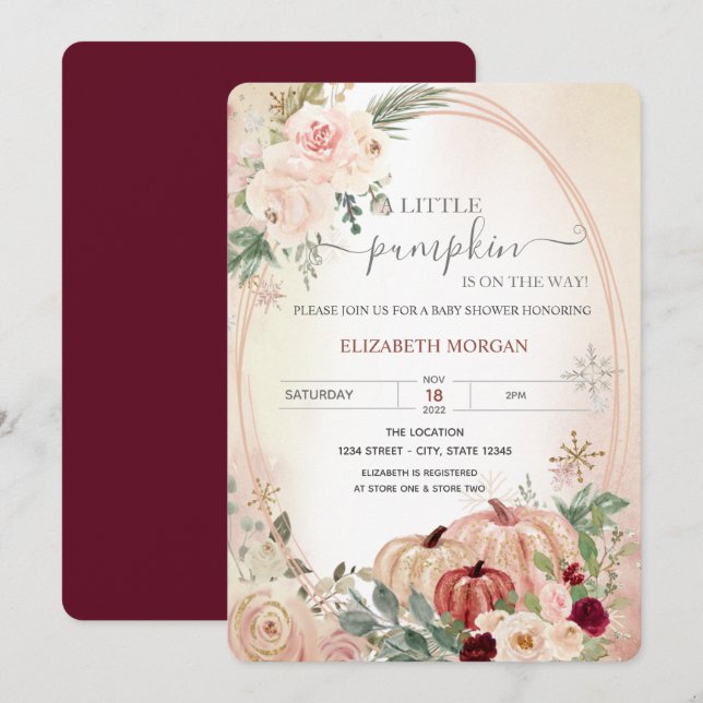Invitation Petit Citrouille Frame Rose Baby shower Bourgogne (Devant / Derrière)