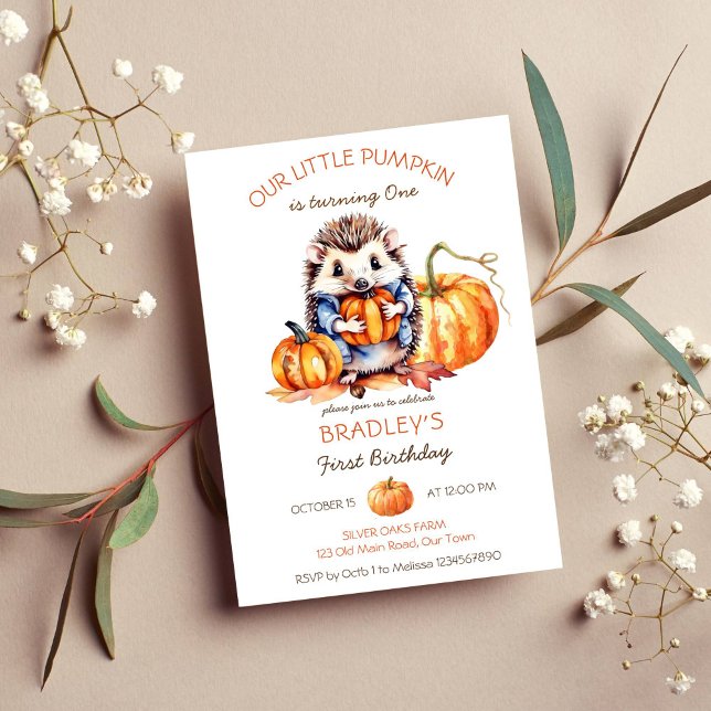 Invitation Petit citrouille mignon hérisson citrouilles anniv (Little pumpkin birthday party template invitation instant download cute hedgehog holding pumpkin)