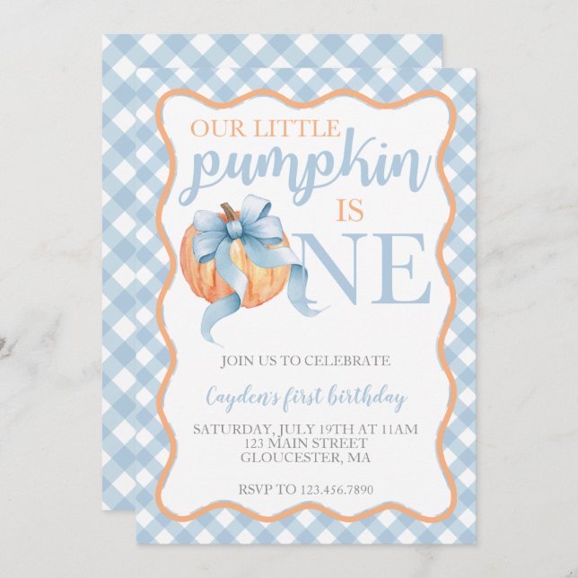 Invitation Petit Citrouille Pastel Blue Bow automne 1er anniv (Devant / Derrière)