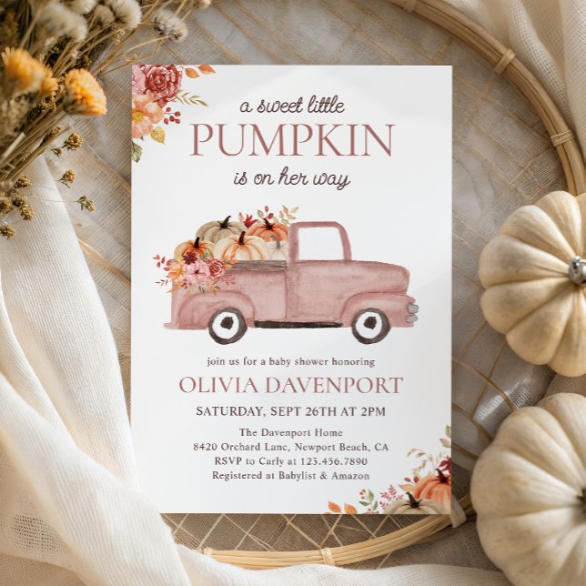 Invitation Petit Citrouille Pink Truck Automne Baby shower fi (Créateur téléchargé)