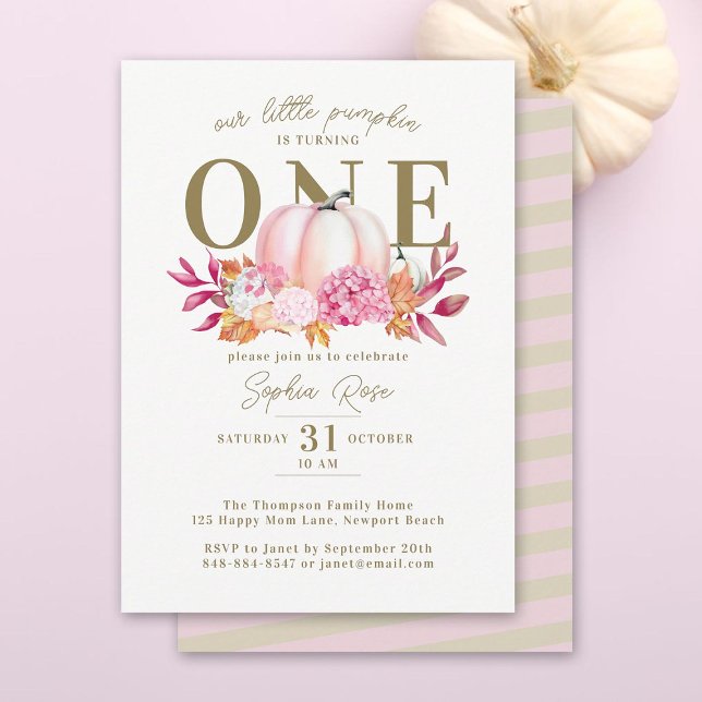 Invitation Petit Citrouille rose Hydrangea 1er Anniversaire é (our little pumpkin turning one girl birthday party invitation pink hydrangeas watercolor fall leaves)
