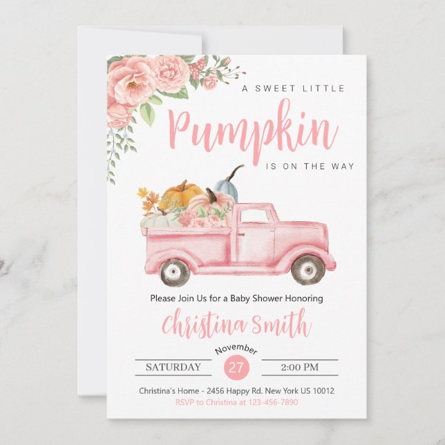 Invitation Petit Citrouille rose Rustique Camion bébé fille d (Devant)