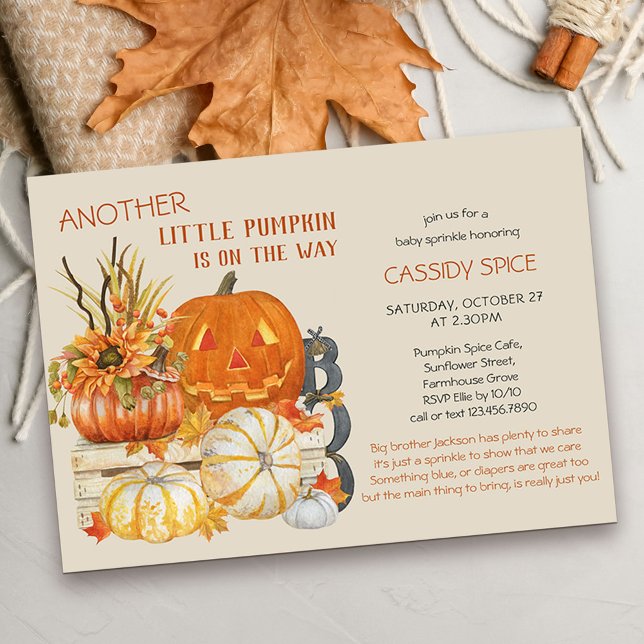 Invitation Petit Citrouille Rustique Halloween Baby Sprinkle (Baby Sprinkle Invitation for another little pumpkin due in the fall or halloween season)
