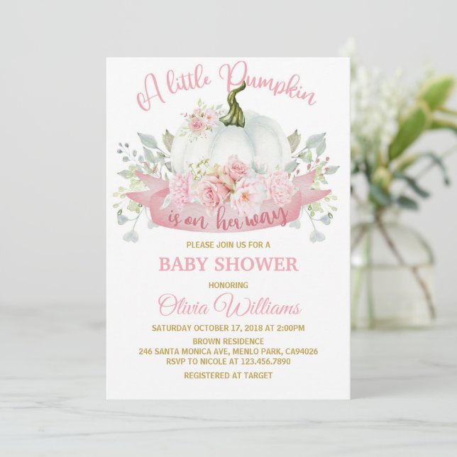 Invitation Petit Citrouille sur le Baby shower Way Pink Bow (Debout devant)