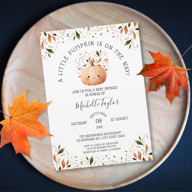 Invitation Petit Citrouille sur le chemin Chute Baby shower f (cute watercolor kawaii pumpkin with autumn leaves baby shower invitation)
