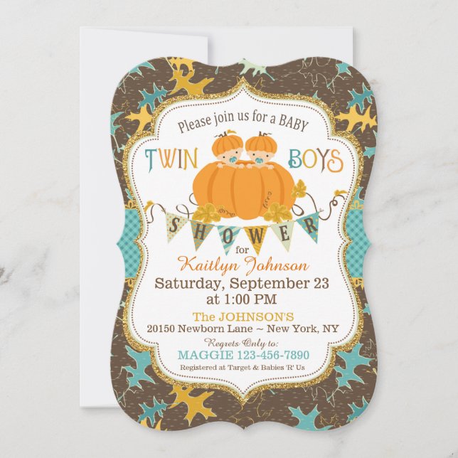 Invitation Petit Citrouille Twin Boys Fall Leaves Baby shower (Devant)