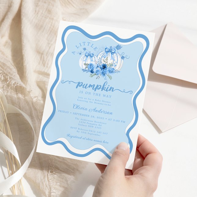Invitation Petit Citrouille Vague Frame Bow Baby shower bleu (Créateur téléchargé)