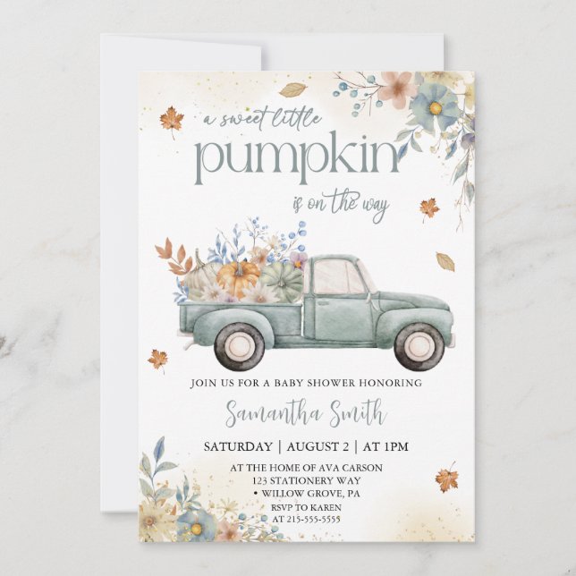 Invitation Petit citrouille vert Camion automne baby shower d (Devant)
