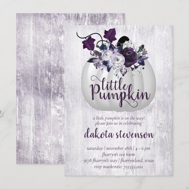 Invitation Petit Citrouille | Violet violet Baby shower rusti (Devant / Derrière)