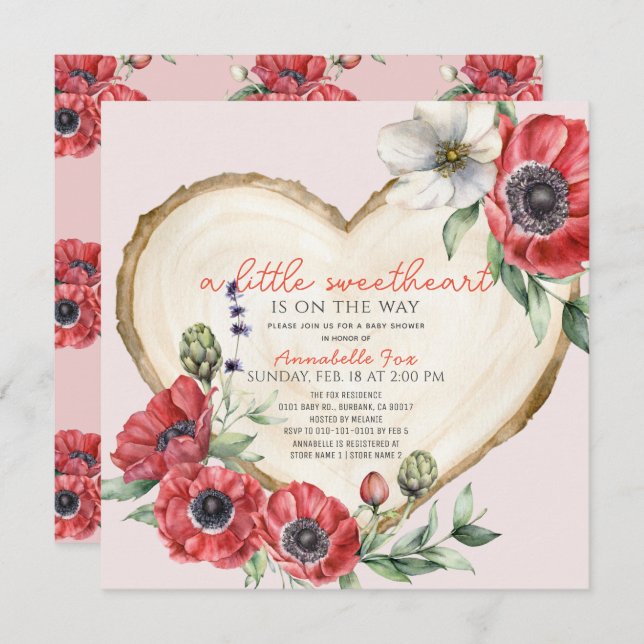 Invitation Petit Coeur doux Baby shower en tranche de bois (Devant / Derrière)