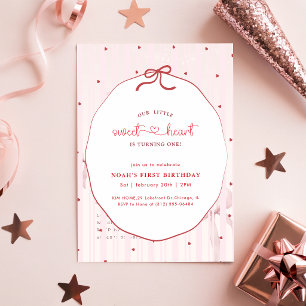 Invitation Petit coeur doux rouge noeud rose premier annivers