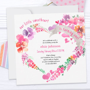 Invitation Petit Cœur Fleuris pour 1er Anniversaire Fille