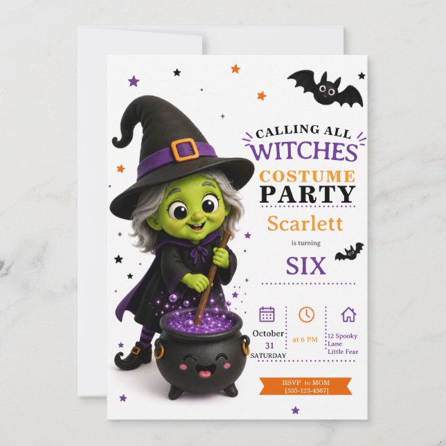 Invitation Petit costume de sorcière pour une fête d'annivers (Devant)