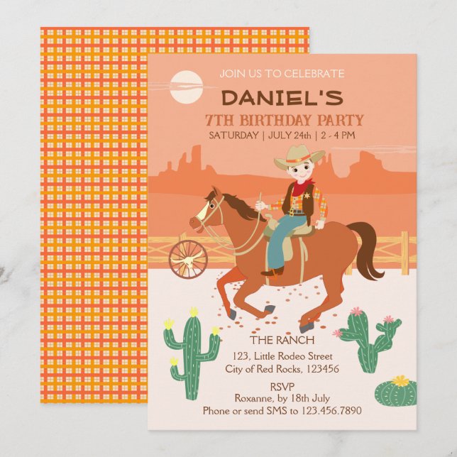 Invitation Petit cow-boy cool et cheval fête d'anniversaire (Devant / Derrière)
