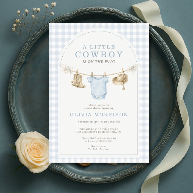 Invitation Petit Cowboy Baby Shower Gingham Bleu Garçon  (Créateur téléchargé)
