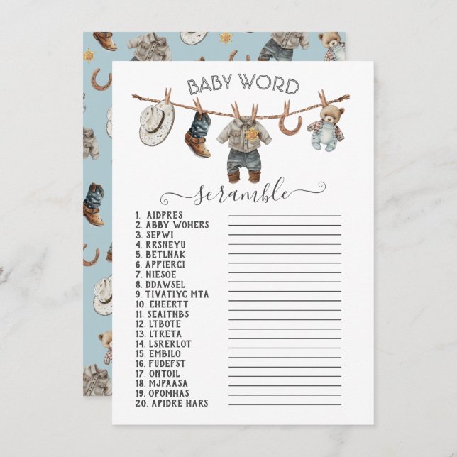 Invitation Petit Cowboy Clothesline Baby Word Scramble (Devant / Derrière)