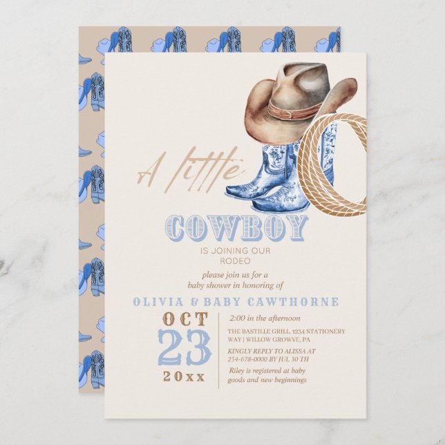 Invitation Petit Cowboy Premier Baby shower Rodéo (Devant / Derrière)