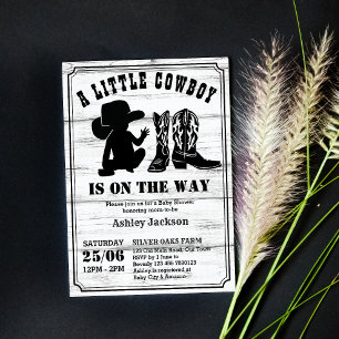 Invitation Petit cowboy rustique baby shower noir et blanc