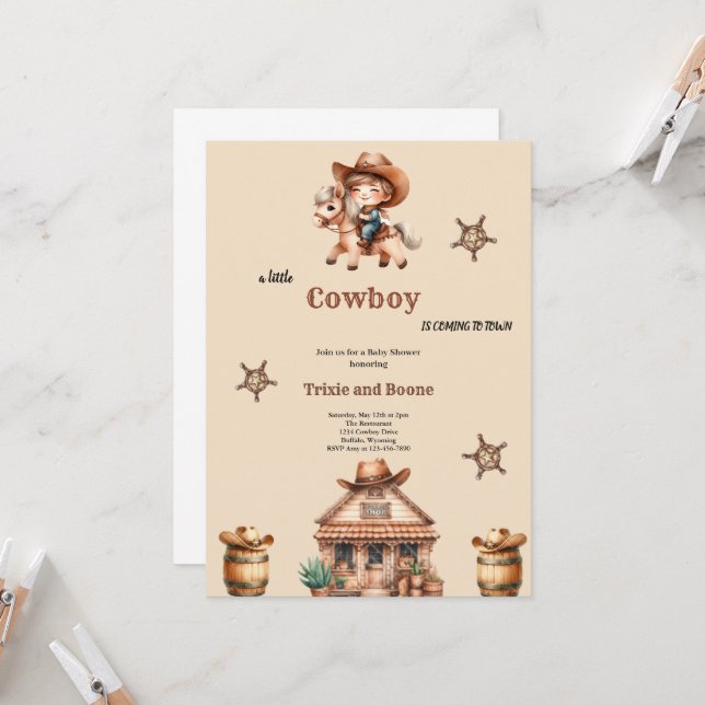 Invitation petit cowboy vient en ville cowboy babyshower (Devant/Arrière en situation)