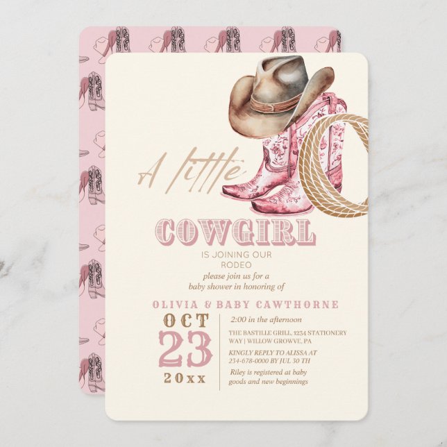 Invitation Petit Cowgirl Western Baby Girl douche Blush rose (Devant / Derrière)
