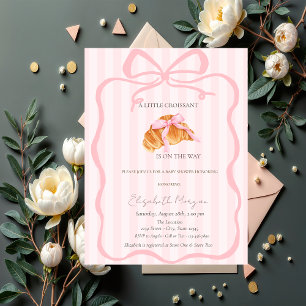 Invitation Petit Croissant Ruban Rose Rayures Baby Shower