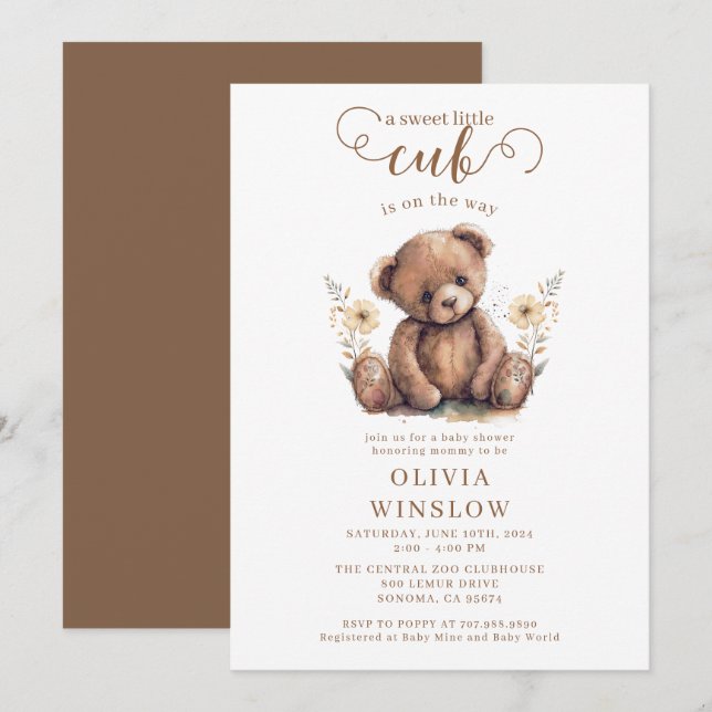 Invitation Petit Cub Aquarelle Baby shower Ours En Teddy (Devant / Derrière)