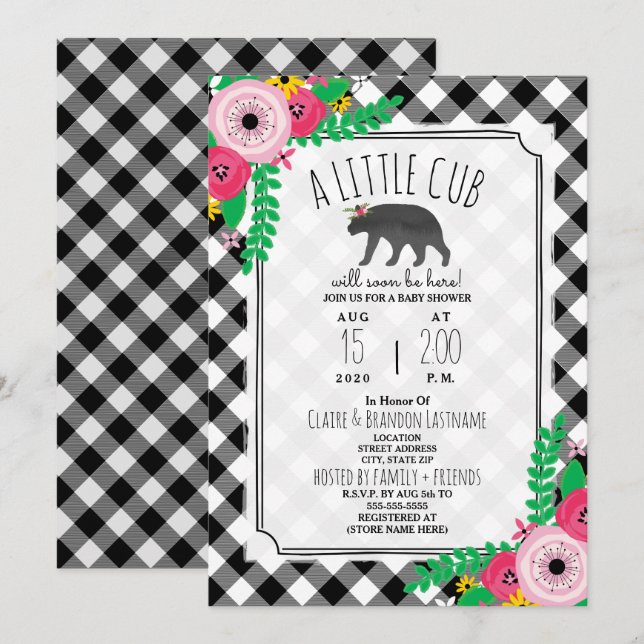 Invitation Petit Cub Plaid Noir + Blanc Baby shower fille (Devant / Derrière)