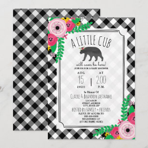 Invitation Petit Cub Plaid Noir + Blanc Baby shower fille