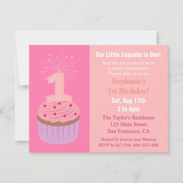 Invitation Petit Cupcake a Un An, Première Fête d'Anniversair (Devant)