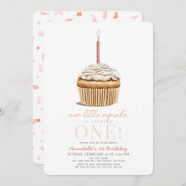 Invitation Petit Cupcake arrose fille 1er anniversaire (Devant / Derrière)
